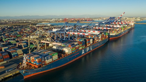 Image caption: Cargo ship traffic has reached record levels at California’s ports in 2021.