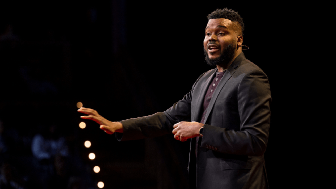 Image caption: Former Stockton mayor Michael Tubbs, who instituted a universal basic income pilot program in his city,  speaks at TED2019 in Vancouver, BC.