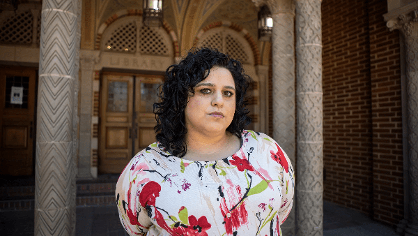 Bernadette Moordigian in front of the Fresno City College library on July 5, 2022.