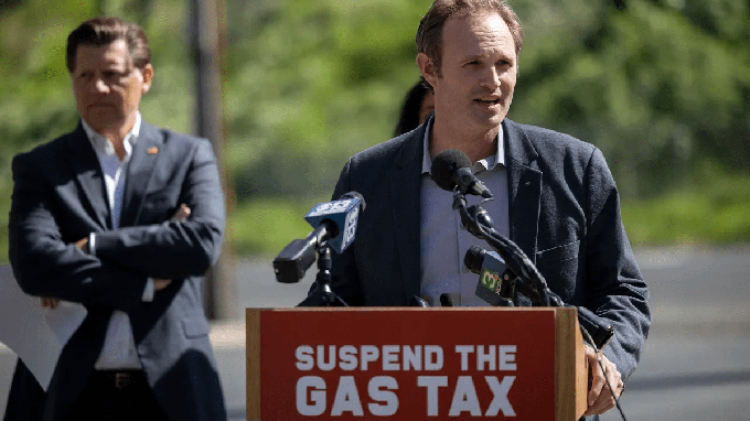 Image caption: Assembly GOP Leader James Gallagher of Yuba City addresses the media during a press conference calling for a suspension of the state's gas tax on March 14, 2022.