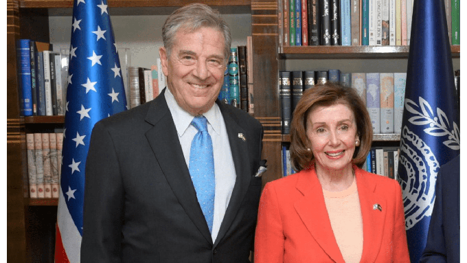 Image caption: Paul and Nancy Pelosi on a visit to Israel in February, 2022.