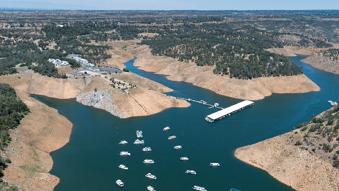 Image caption: Lake Oroville, one of California's largest reservoirs, is only 59% of capacity as of Dec. 12 — despite recent rains and snow. The reservoir is shown here in May 2022.