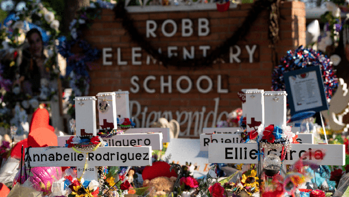 Image caption: Memorial dedicated to the victims of the May 2022  mass shooting in Uvalde, Texas.