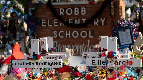 Image caption: Memorial dedicated to the victims of the May 2022  mass shooting in Uvalde, Texas.