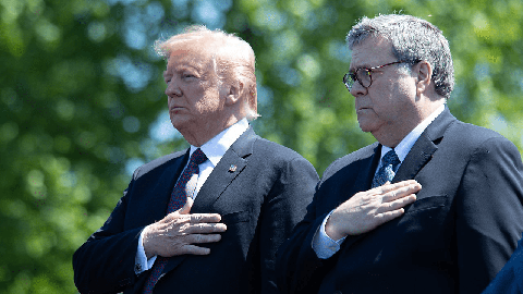 Image caption: Former U.S. Attorney General William Barr (right) and the man to whom he remains loyal.