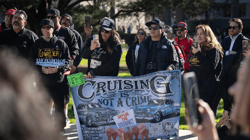 Supporters of the lowrider community attend a press conference at the state Capitol in support of legislation that would prevent local governments from imposing cruising bans on Feb. 6, 2023.