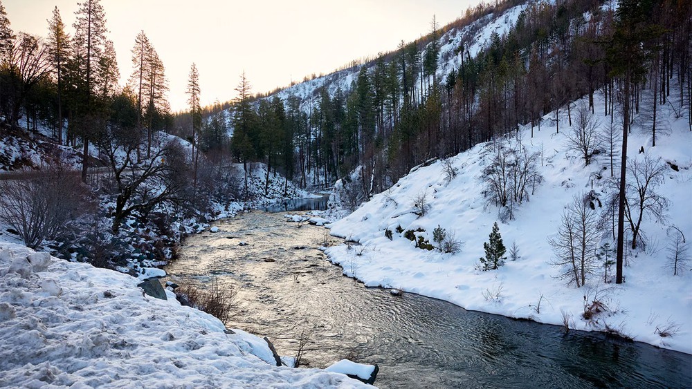 The snow-lined South Fork of the American River on March 3, 2023.
