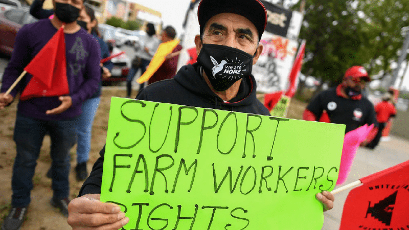 Farmworker Inocencio Cortez joins the rally in downtown Fresno on Cesar Chavez Day to help urge Gov. Gavin Newsom to sign the Ag Labor Voting Choice Act, providing more choices in how farm workers can vote in their union elections.
