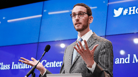 Image caption: Sen. Scott Wiener (D-San Francisco) delivers the keynote address at the  Brookings Institute's Future of the Middle Class Initiative in May, 2019.