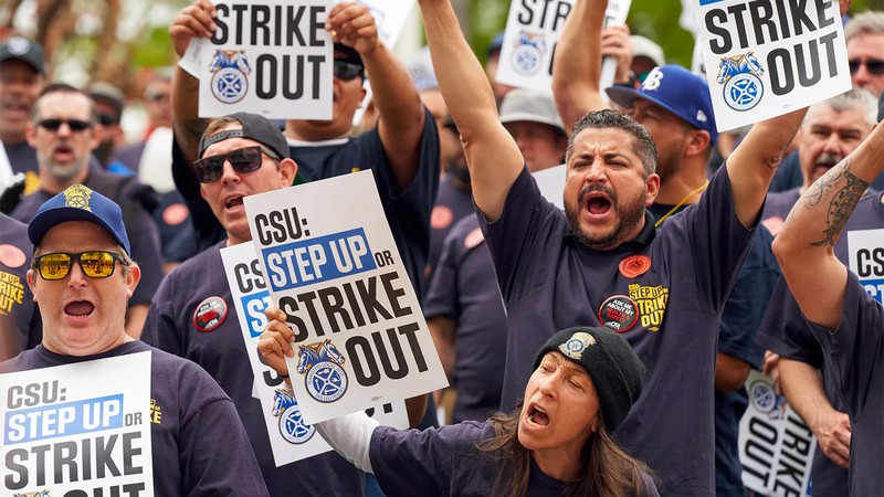 Members of Teamsters, CSUEU, UAW 4123, and CFA faculty gathered to ask for fair wages outside the CSU Chancellor’s office in Long Beach on May 23.