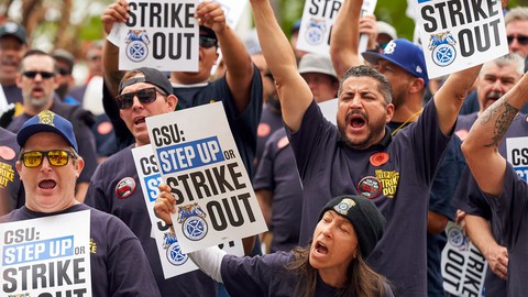 Image caption: Members of Teamsters, CSUEU, UAW 4123, and CFA faculty gathered to ask for fair wages outside the CSU Chancellor’s office in Long Beach on May 23.