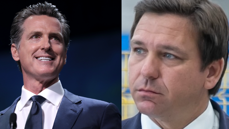 Gavin Newsom (l) has lashed out at Florida Gov. and GOP Presidential candidate Ron DeSantis (r).