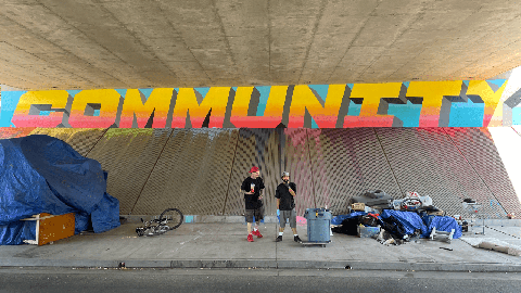 Image caption: The sidewalk under this Capital City Freeway overpass in Midtown Sacramento often serves as a sad and squalid home for a dozen or more tent-dwellers. During the weeks that these two gentlemen lived there, they kept it relatively tidy.