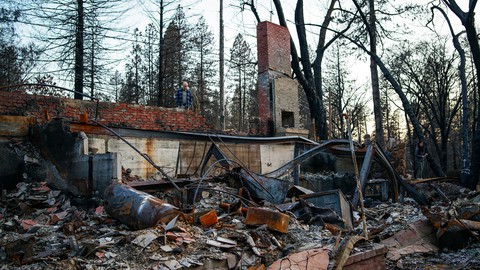 Image caption: Remnants of a house destroyed during the Camp Fire in 2018.