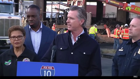 Image caption: On a press conference televised by Fox 11 News, Gov. Gavin Newsom answered questions about the company that Caltrans was suing for nonpayment on the property that caught fire underneath the 10 Freeway.