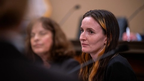 Image caption: Joy Perrin, a mother of two children, testifies at the Budget Subcommittee on Human Services hearing at the state Capitol in Sacramento March 20, 2024. With the help of CalWORKS, Perrin was able to secure housing for her and her family.