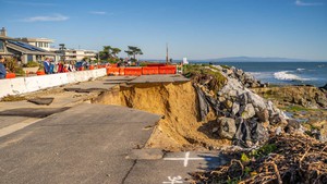 West Cliff Drive in Santa Cruz, California, following a storm in January 2023. Throughout the state, communities are being forced to budget for disaster.