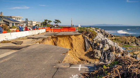 Image caption: West Cliff Drive in Santa Cruz, California, following a storm in January 2023. Throughout the state, communities are being forced to budget for disaster.