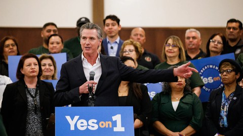 Image caption: Gov. Gavin Newsom speaks in support of Prop. 1 during a press conference at the United Domestic Workers of America building in San Diego on Feb. 29, 2024. Voters narrowly passed the measure.