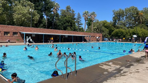 Image caption: A typically joyful scene in the pool at the city of Sacramento's Clunie Community Center.