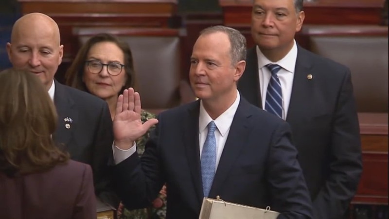 Adam Schiff being sworn into office on Monday, Dec. 9, by Vice President Kamala Harris.