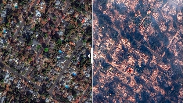 Satellite image of Altadena before and after the Eaton Fire.