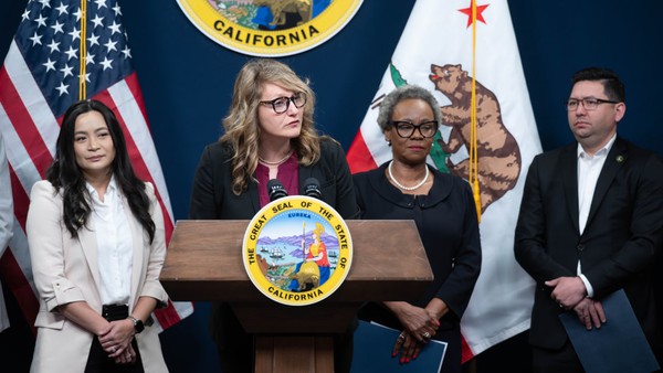 Asm. Buffy Wicks speaking at a presser for the California Legislature's Permitting Reform Package.