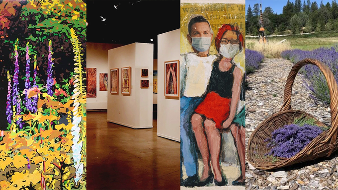 Image caption: Dig into these events (from left): Placerville Art Walk (pictured, work by Randy Honerlah); Lake Tahoe Community College’s Haldan Gallery; Tahoe Art League Gallery’s Spring Exhibit (work by Juliet Mevi); and Lavender Blue Harvest Days at Apple Hill.
