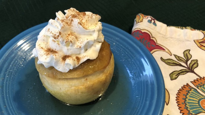 Top a baked apple with whipped cream for dessert,  float a little cream around it for brunch, or enjoy it plain for a warming breakfast.