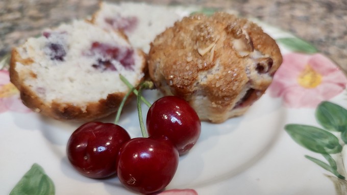 Cherry season finally has arrived. The early cherries are perfect to use in these muffins.