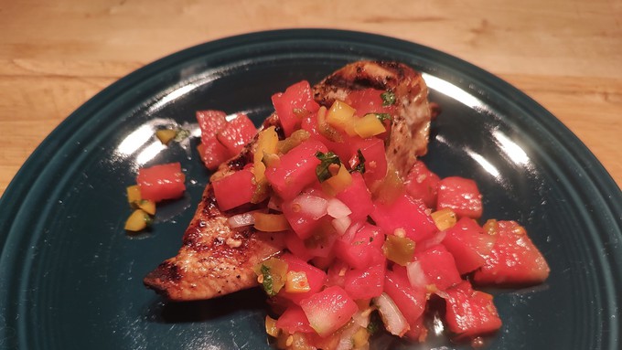 Grilled chicken gets a sweet-spicy spark of flavor from watermelon salsa.