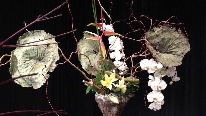 This flower arrangements is an example of Sogetsu Ikebana floower arranging. Many unique creations will be on display this weekend.