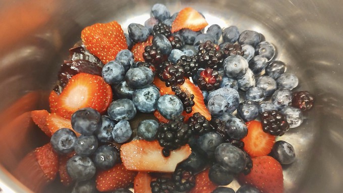 A mix of berries, plus a few other random summer fruits, go into the fruit syrup.