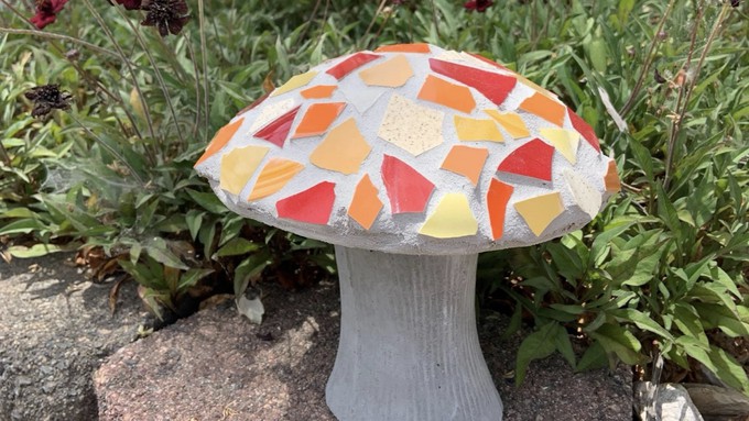 This cute little mushroom features a mosaic cap. Learn to make this garden decor in a Secret Garden class on July 14.