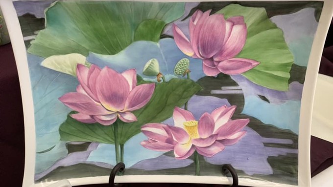 This beautiful hand-painted plate was among the works displayed at last year's tea and show by the Camellia City Porcelain Artists.