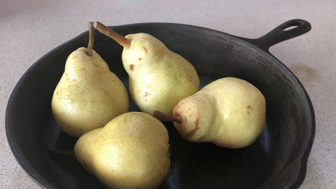 Fresh Bartlett pears are the stars of a skillet-baked upside-down cake. Other pans can be used.