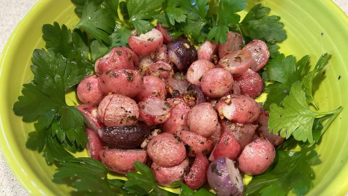 Roasted radishes with garlic make a great side dish with grilled meats or other vegetables.
