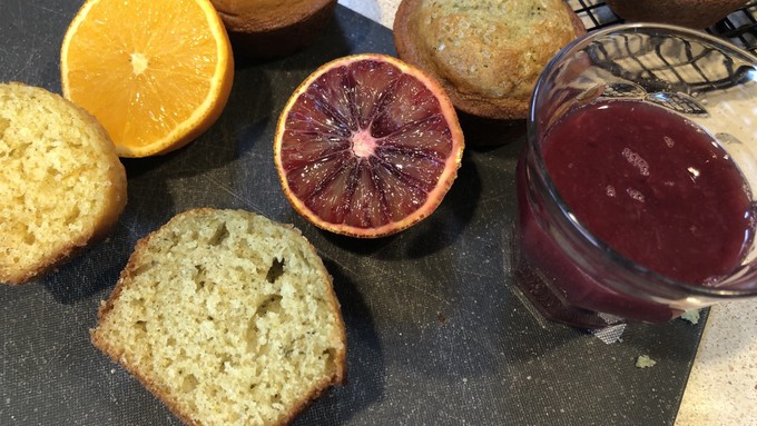 The color difference in the muffins is subtle but apparent. The red pigments in the blood orange juice turn color when combined in a mixture containing baking soda.