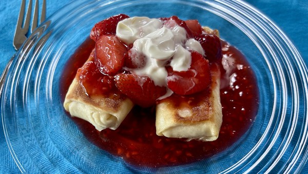 This is, as they say, a serving suggestion: Strawberry-raspberry compote dresses up cheese blintzes, but could just as easily work on pound cake, ice cream or pancakes.