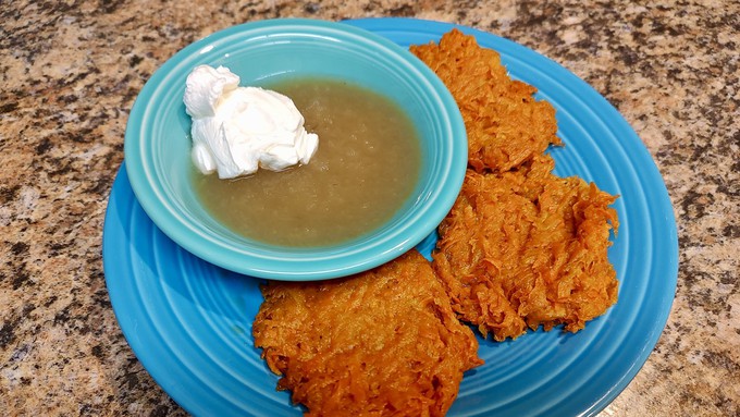 Pair sweet potato latkes with the traditional applesauce and sour cream.