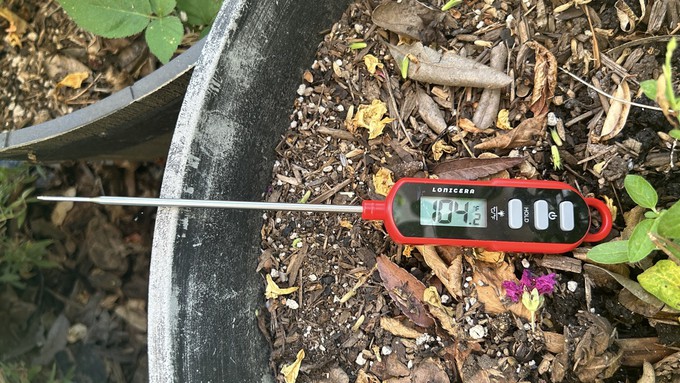 This instant-read thermometer shows the air temperature at 104.2 degrees in shade at 2:35 p.m. today, July 4. It was about 9 degrees higher in full sun.