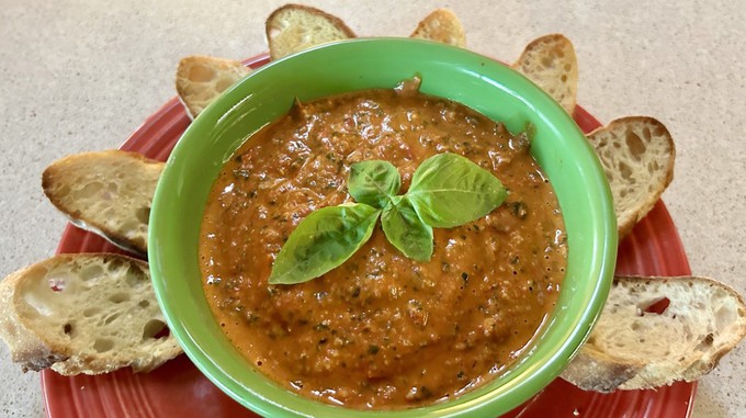 This tomato pesto  is excellent as a condiment for toasted baguette slices, but it also can be used with pasta, vegetables or grilled meats.