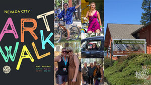 Cultural happenings include (from left) First Fridays Artwalks, organized by the Nevada City Chamber of Commerce; Worldfest 2021, taking place July 17; and classes and a virtual exhibit at Artists' Studio in the Foothills.