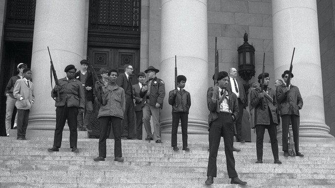 Image caption: Black Panthers at the California Capitol in 1967, an incident that sparked the gun control movement.