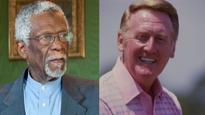 Basketball legend Bill Russell (l), and iconic baseball broadcaster Vin Scully (r).