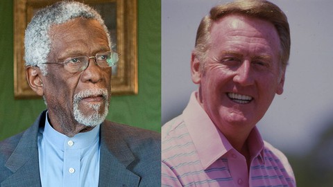 Image caption: Basketball legend Bill Russell (l), and iconic baseball broadcaster Vin Scully (r).