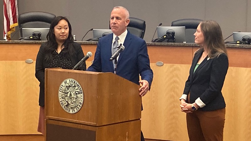 Sacramento Mayor Darrell Steinberg and councilmembers Mai Vang and Caity Maple during a press conference on Aug. 8.