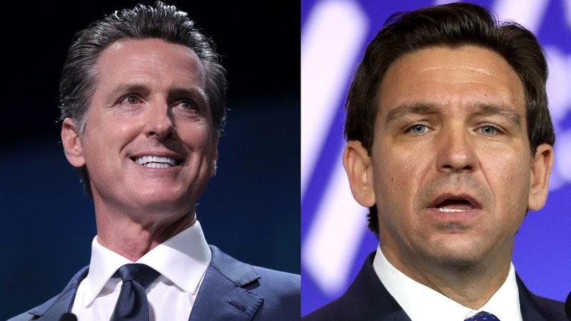 California Gov. Gavin Newsom (L) and Florida Gov. Ron DeSantis faced each other in person at last in an acrimonious Fox News debate Nov. 30.
