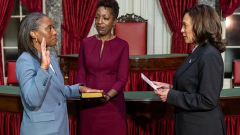 Image caption: Sworn in as California’s newest U.S. senator just two weeks ago, Laphonza Butler (left) says she will not run for the seat in 2024.