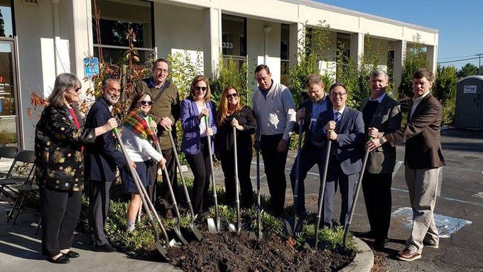 Image caption: Representatives from Destination: Home, the City of Santa Clara, Abode Systems and others break ground on the Calabazas Community Apartments.